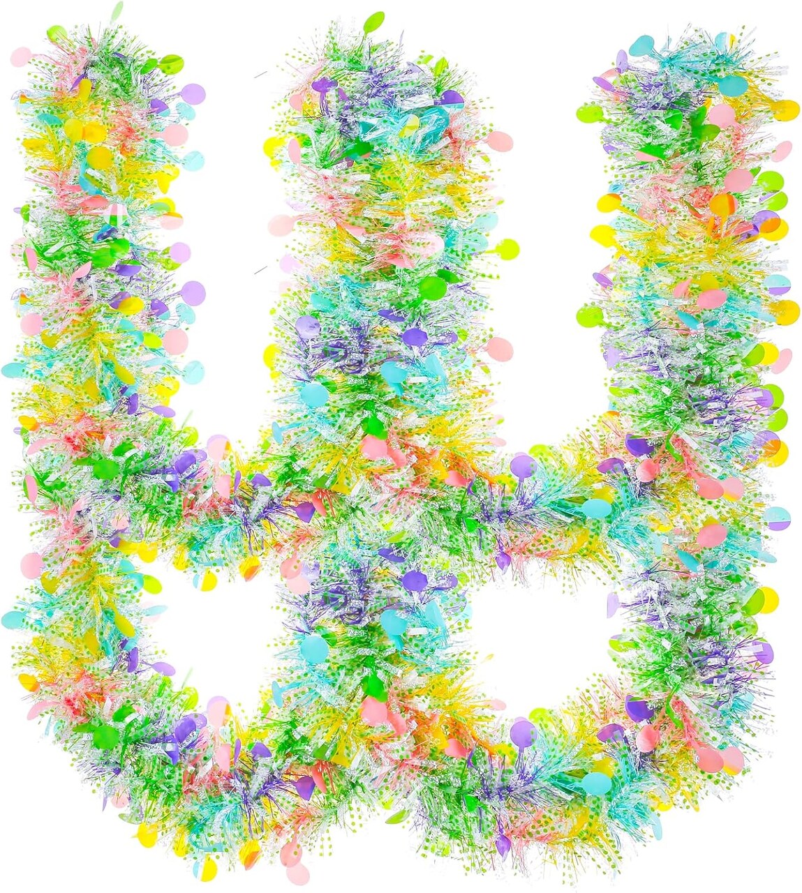 33Ft Easter Tinsel Garland with Confetti Colorful Metallic Tinsel Twist Garland Spring Hanging Garland Decoration for Easter Holiay Door Tree Mantel Party Supplies